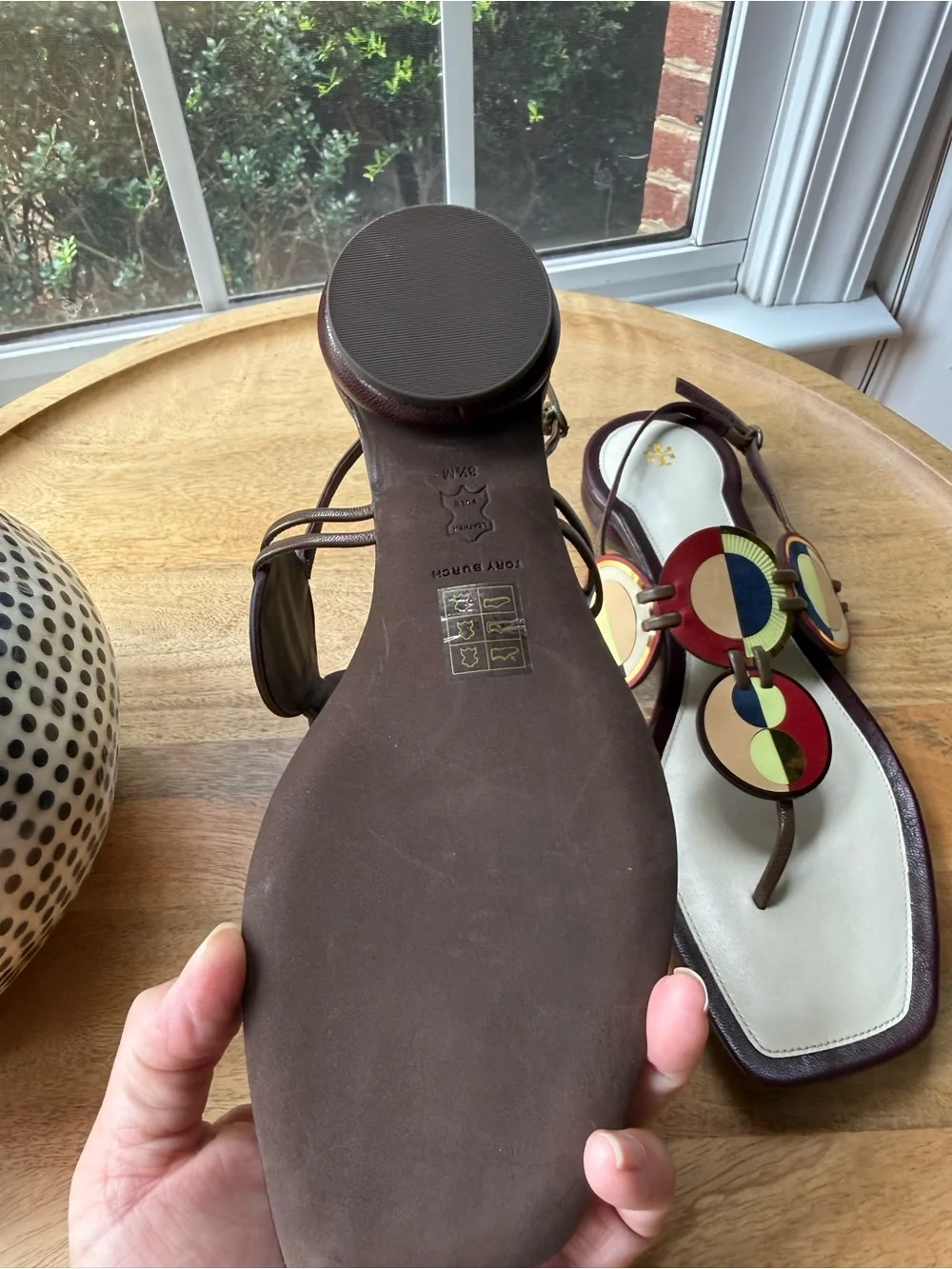*New Tory Burch Marquetry Flat Disk Multi-color  leather sandal sz 8.5